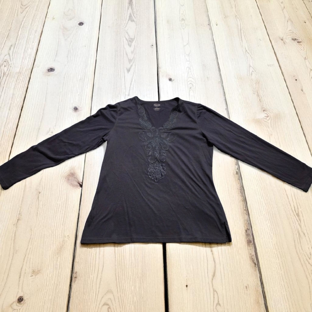 (TALBOTS)Women's Embroidered Linen Cotton V-NECK Blue Long Sleeve Top